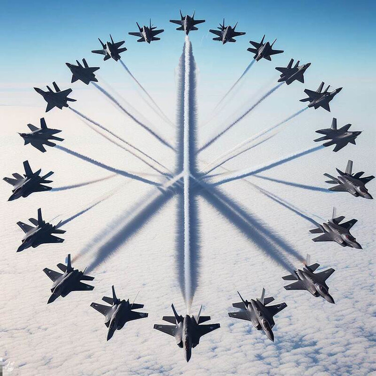 twenty f-35 fighter jets flying with the jet trails in the shape of a peace symbol1.jpg